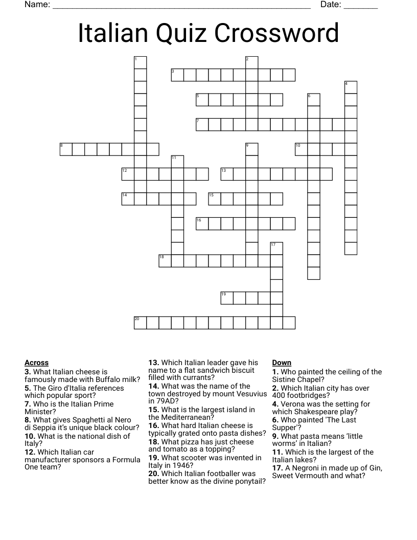Italian Quiz Crossword