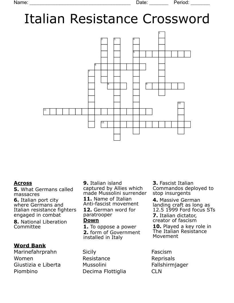 Italian Resistance Crossword