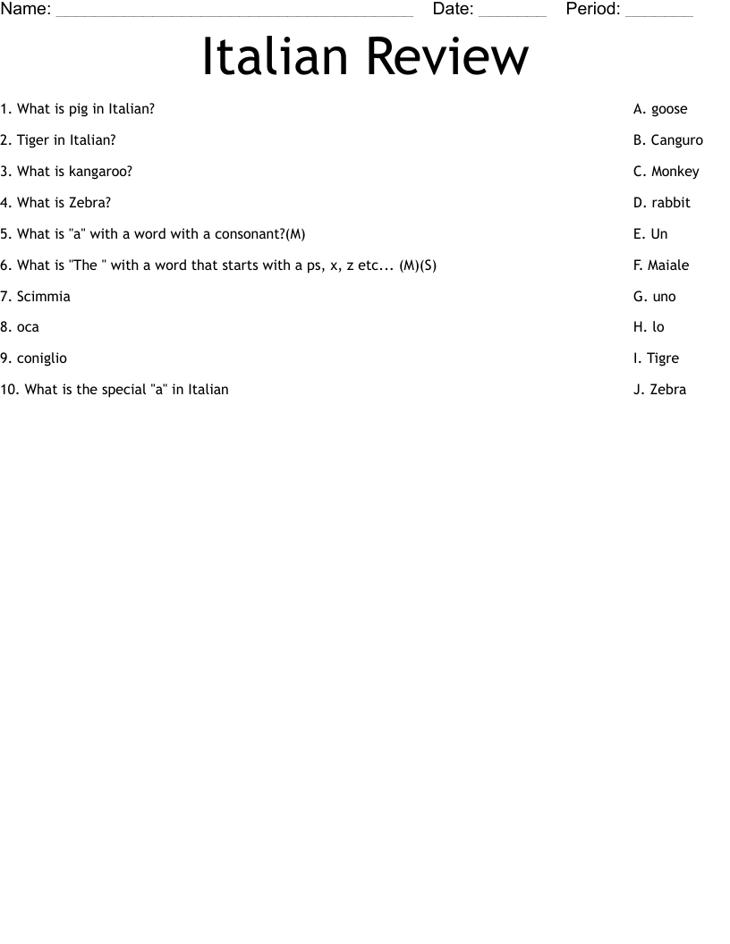 Italian Review Worksheet