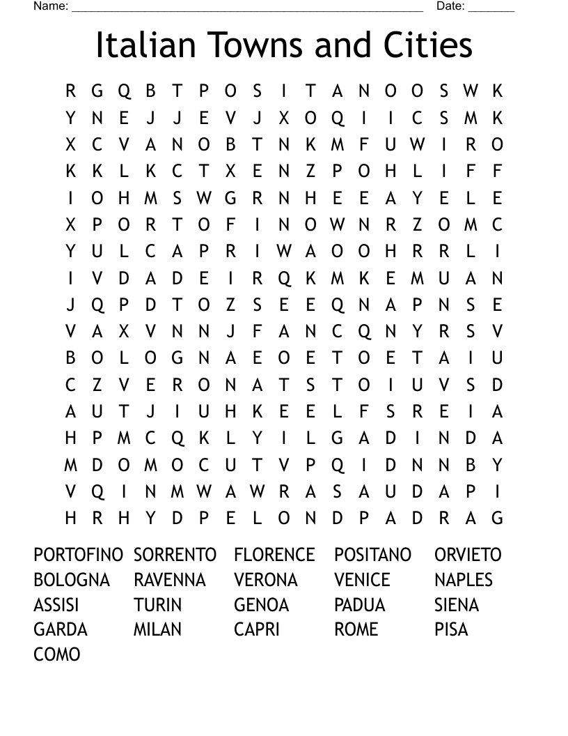 Italian Towns and Cities Word Search