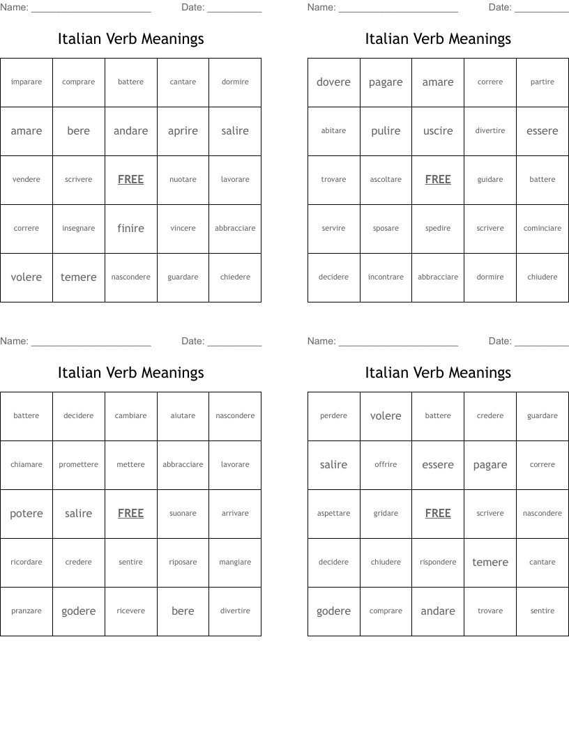 Italian Verb Meanings Bingo Cards