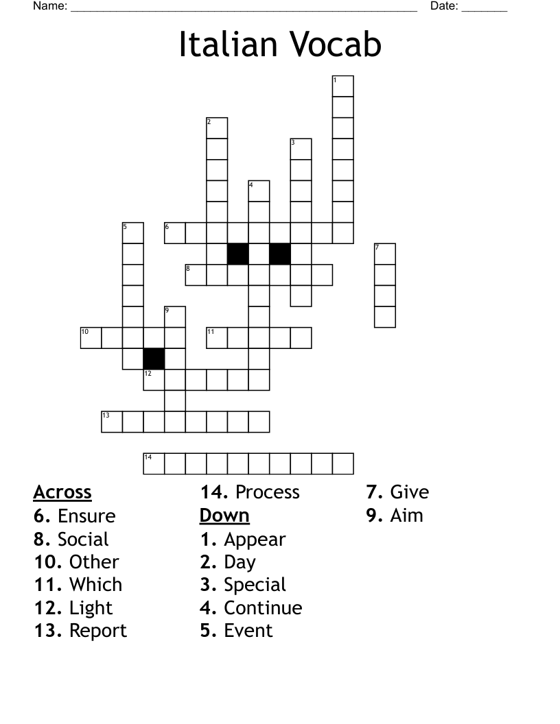 Italian Vocab Crossword