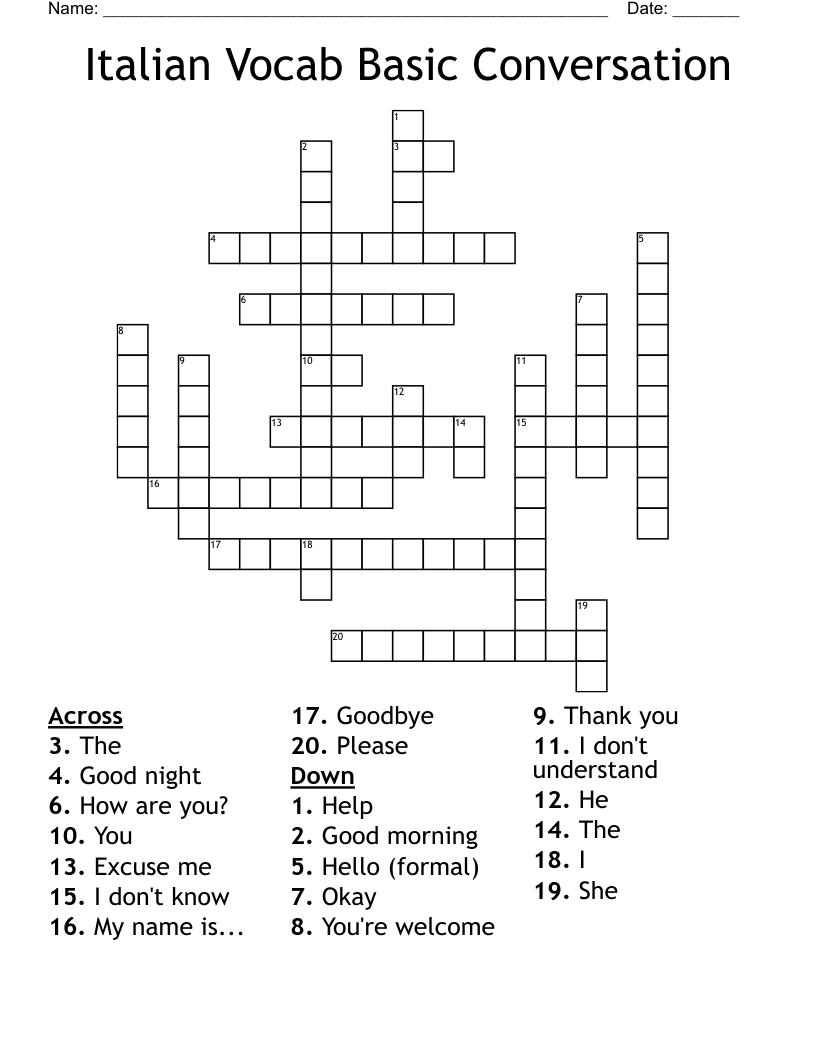 Italian Vocab Basic Conversation Crossword
