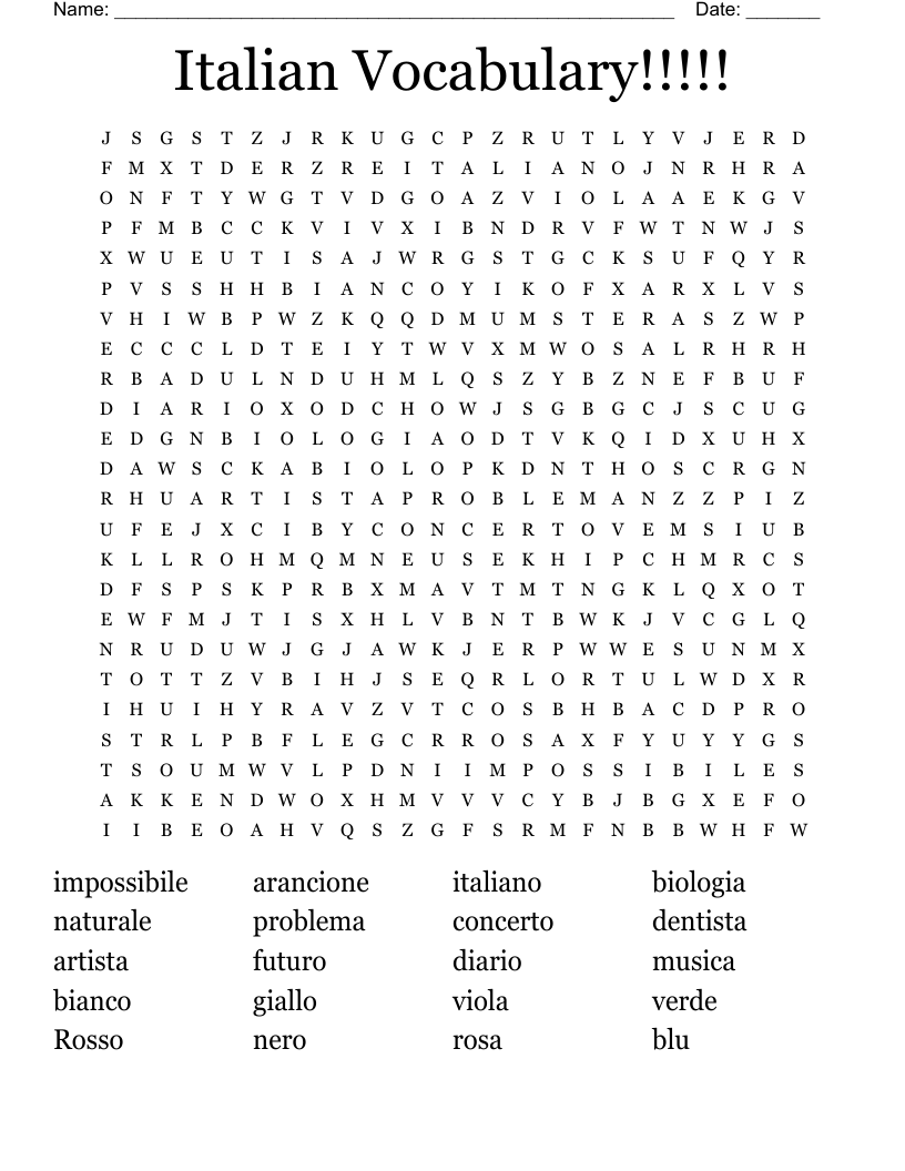 Italian Vocabulary!!!!! Word Search