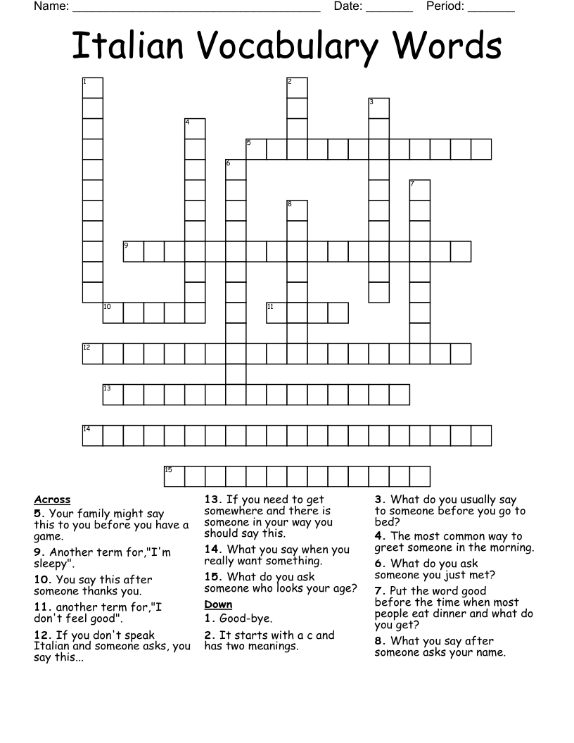Italian Vocabulary Words Crossword