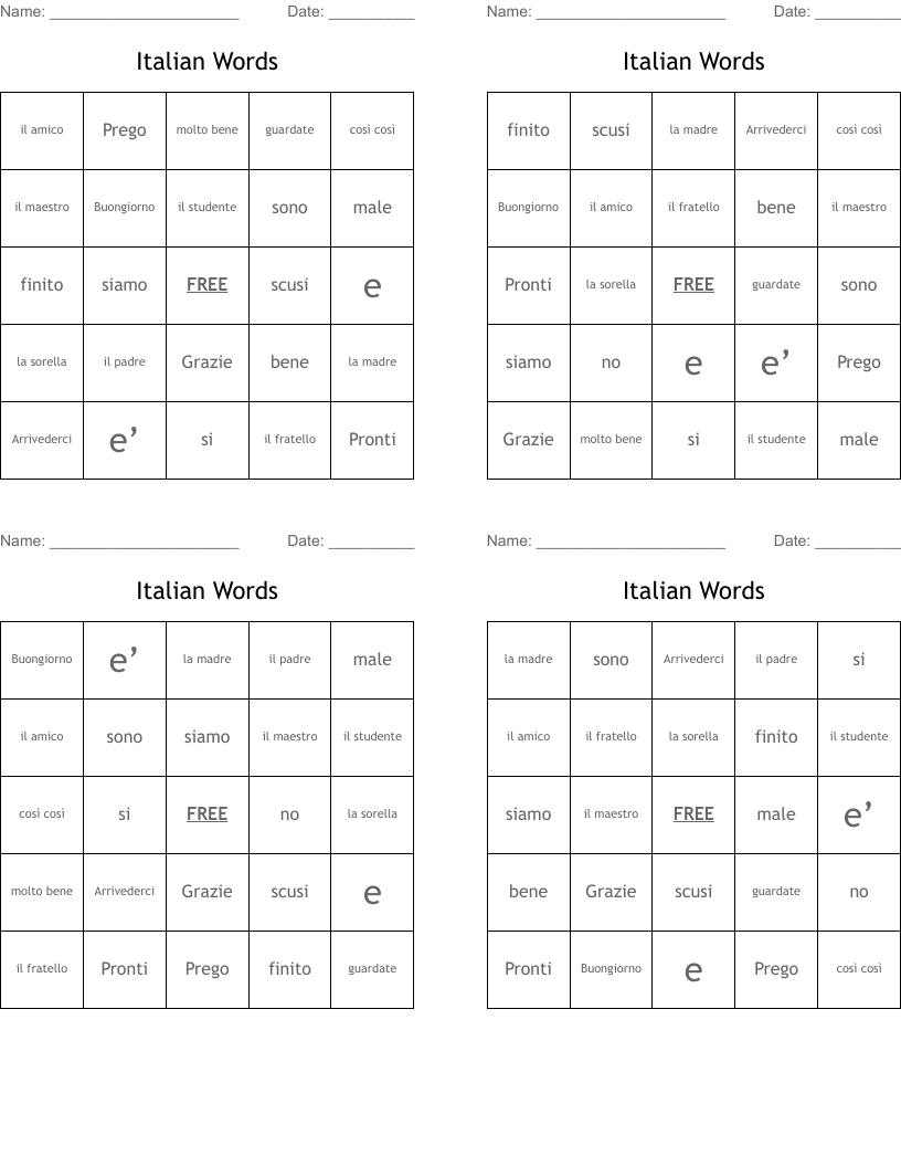 Italian Words Bingo Cards
