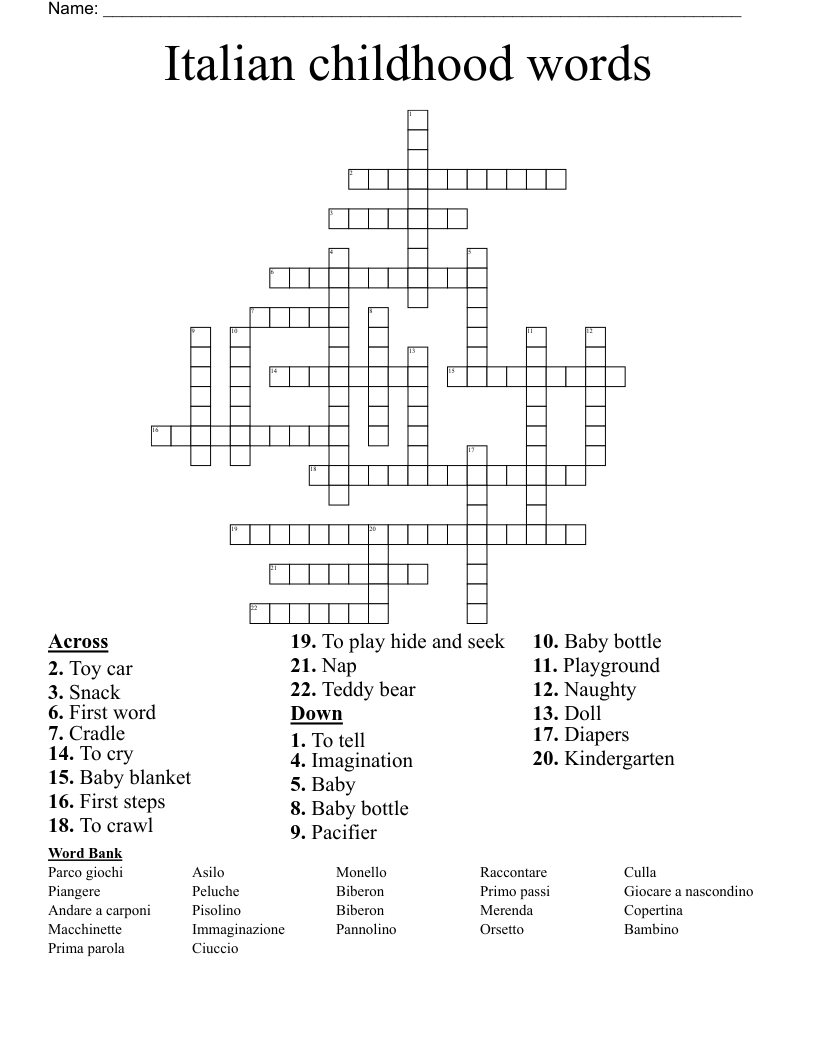 Italian childhood words Crossword