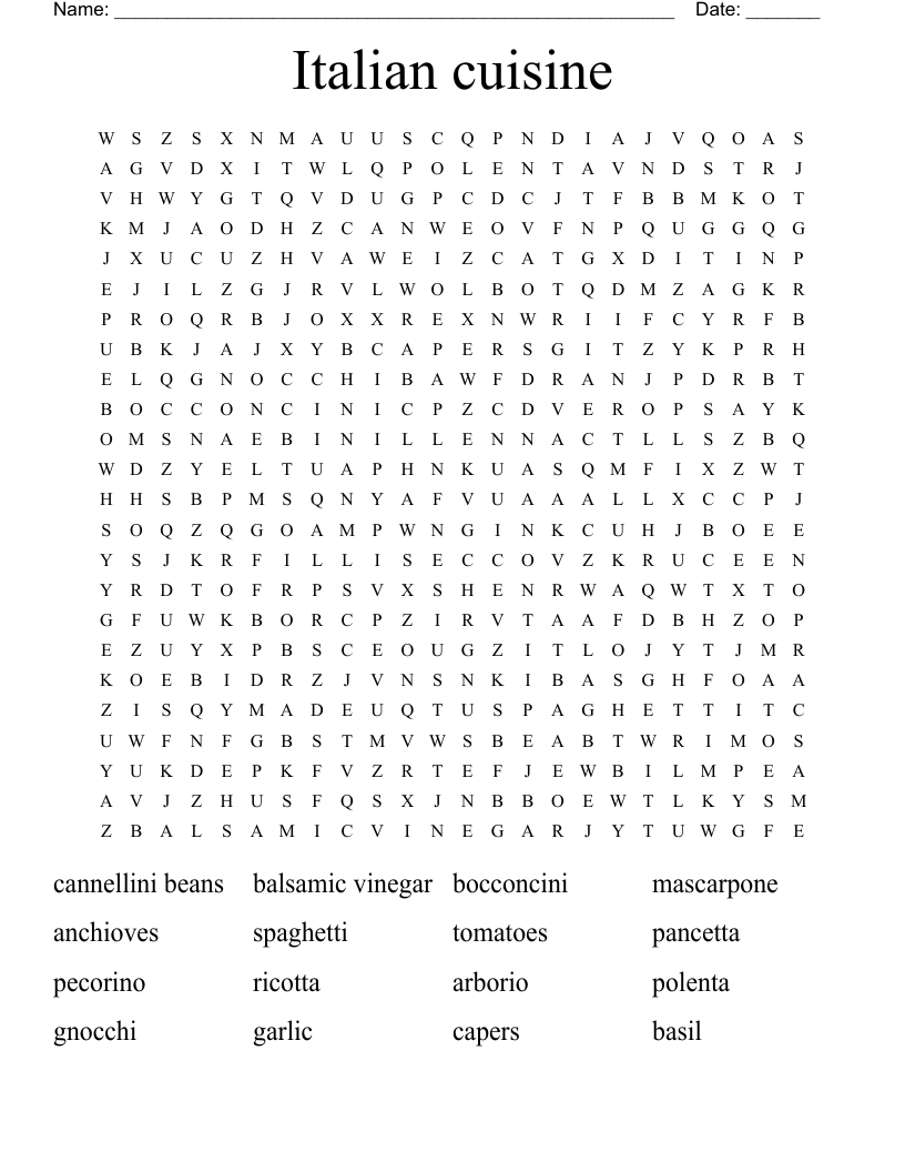Italian cuisine Word Search