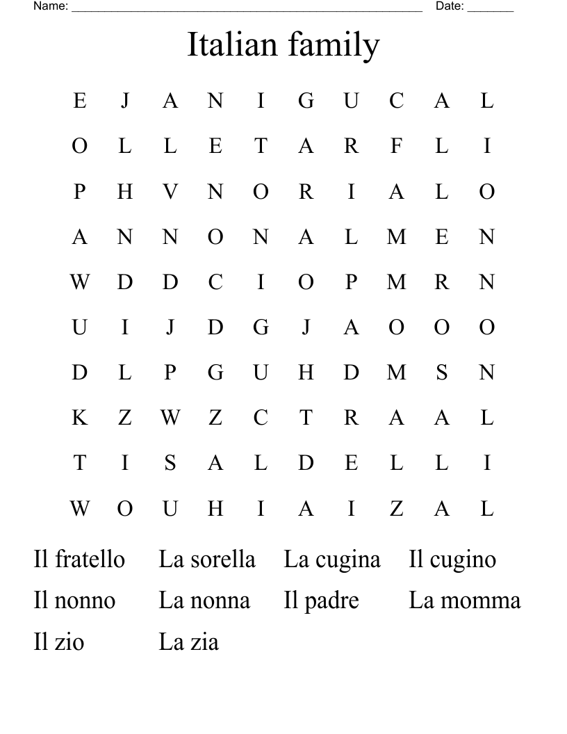 Italian family  Word Search