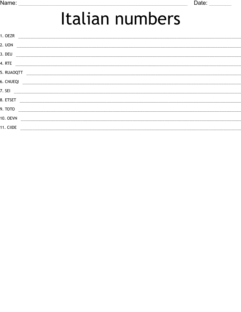 Italian numbers Word Scramble