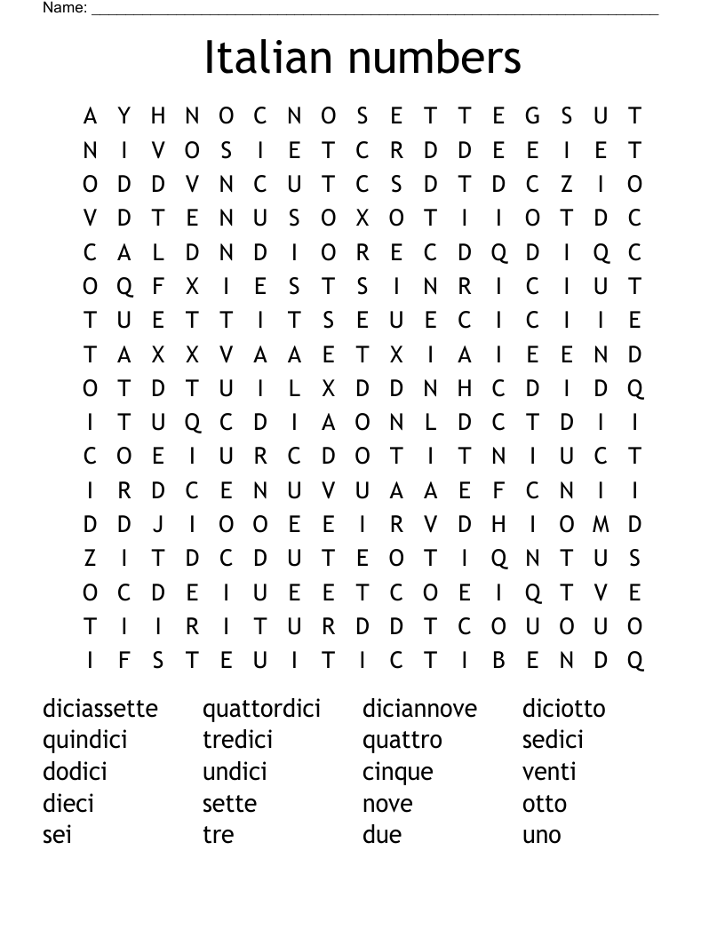 Italian numbers Word Search