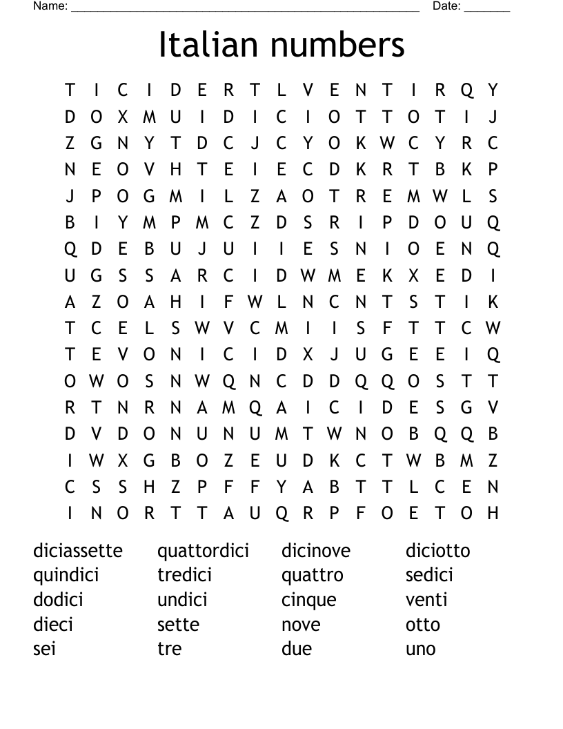 Italian numbers Word Search