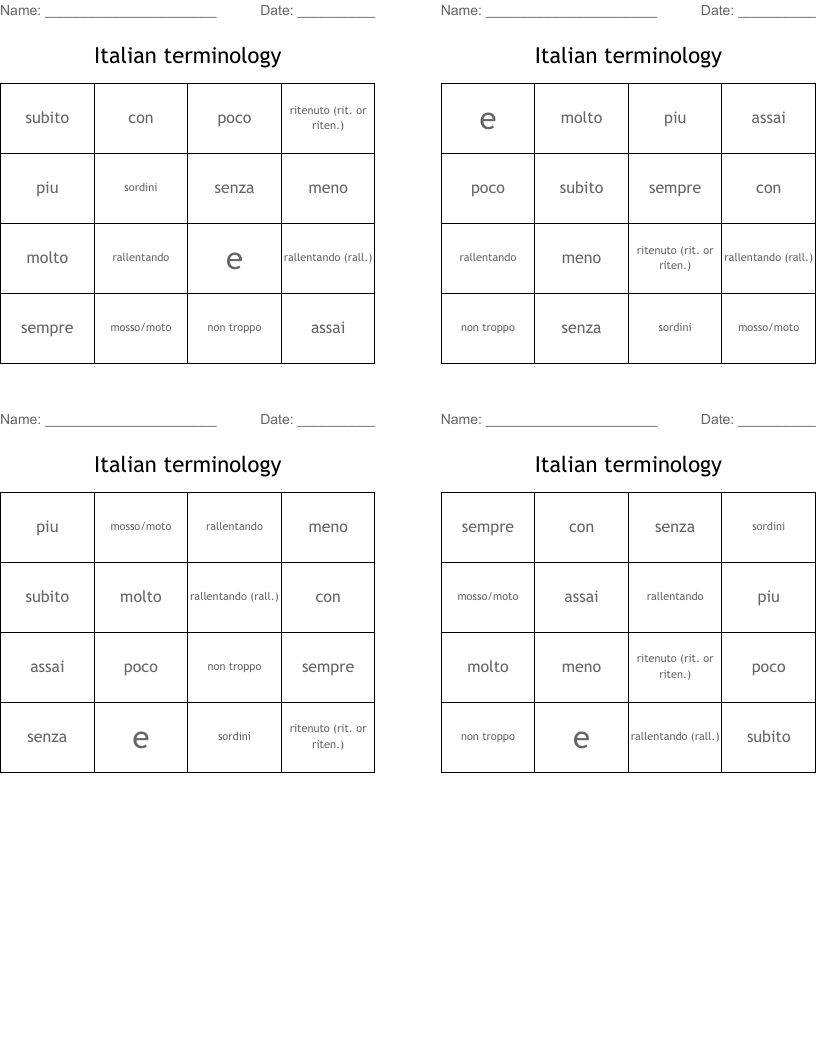 Italian terminology Bingo Cards