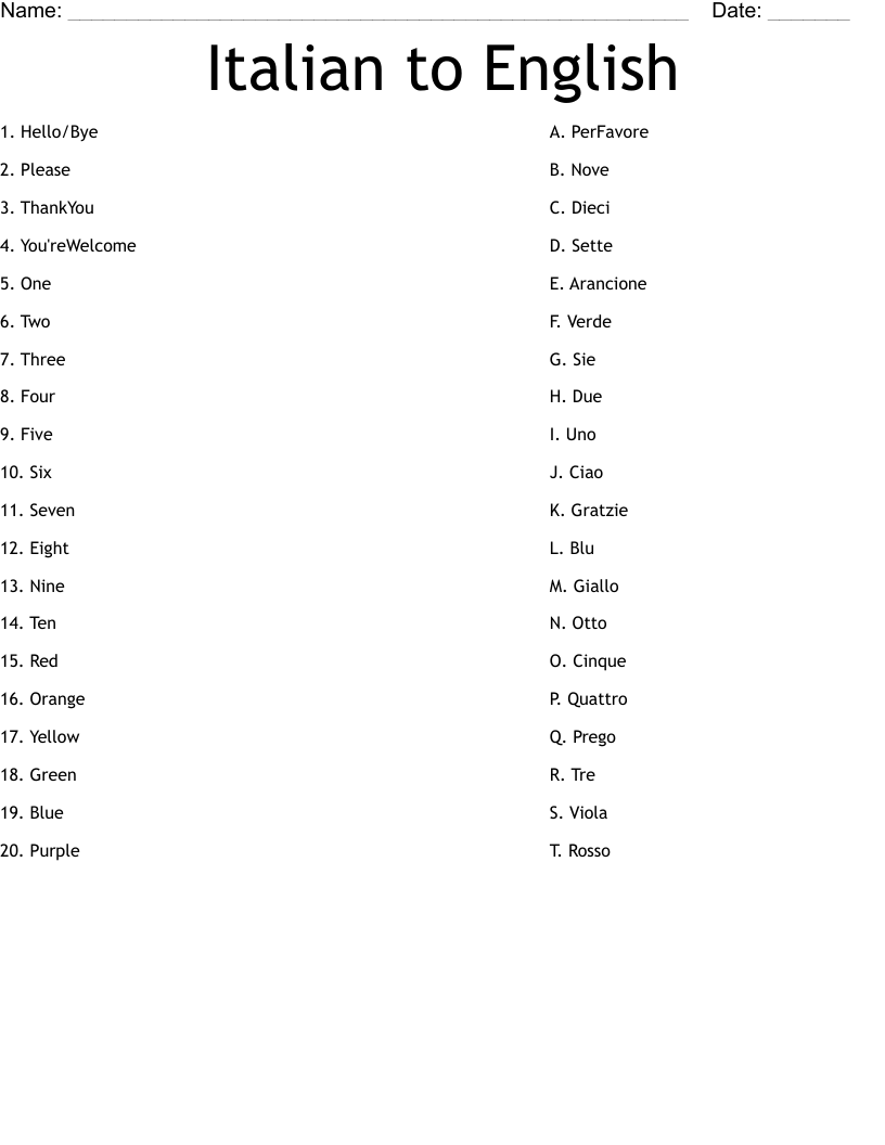 Italian to English Worksheet