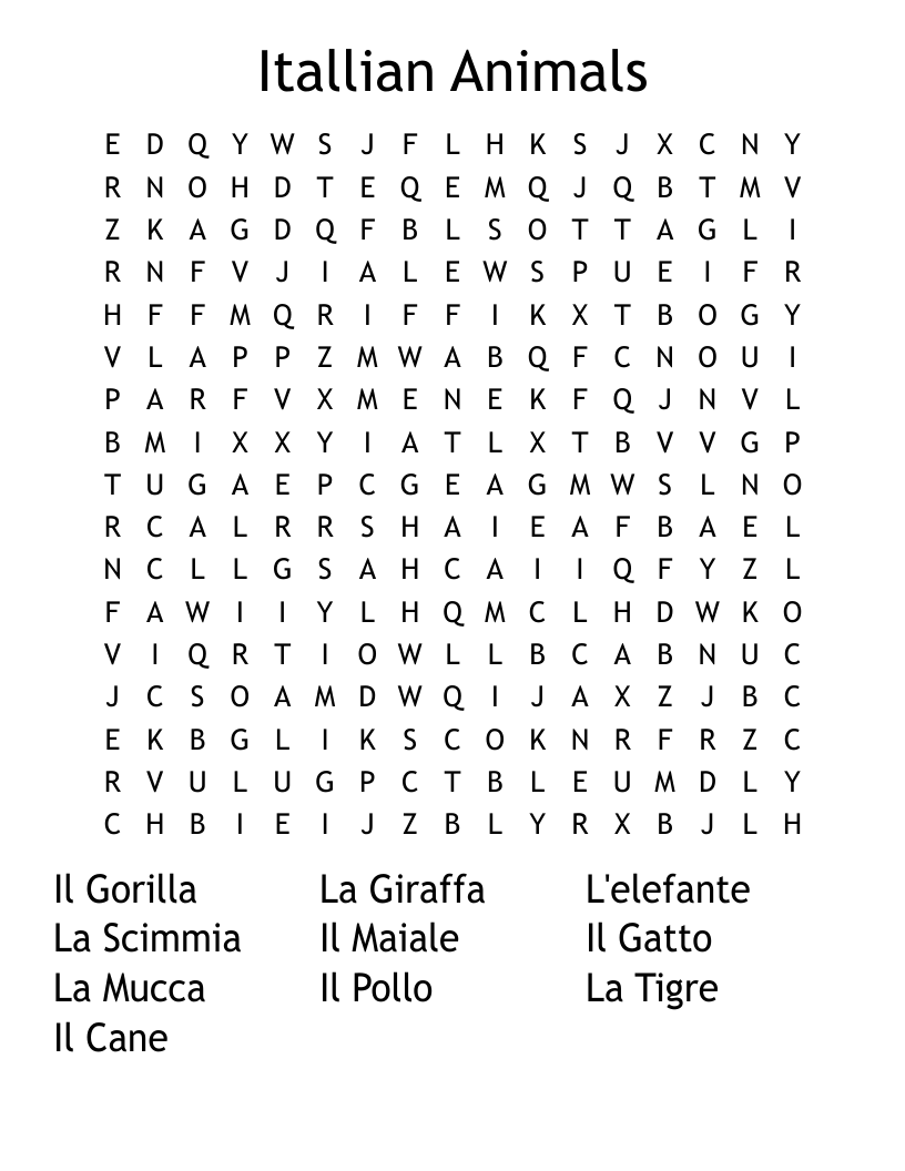 Itallian Animals  Word Search