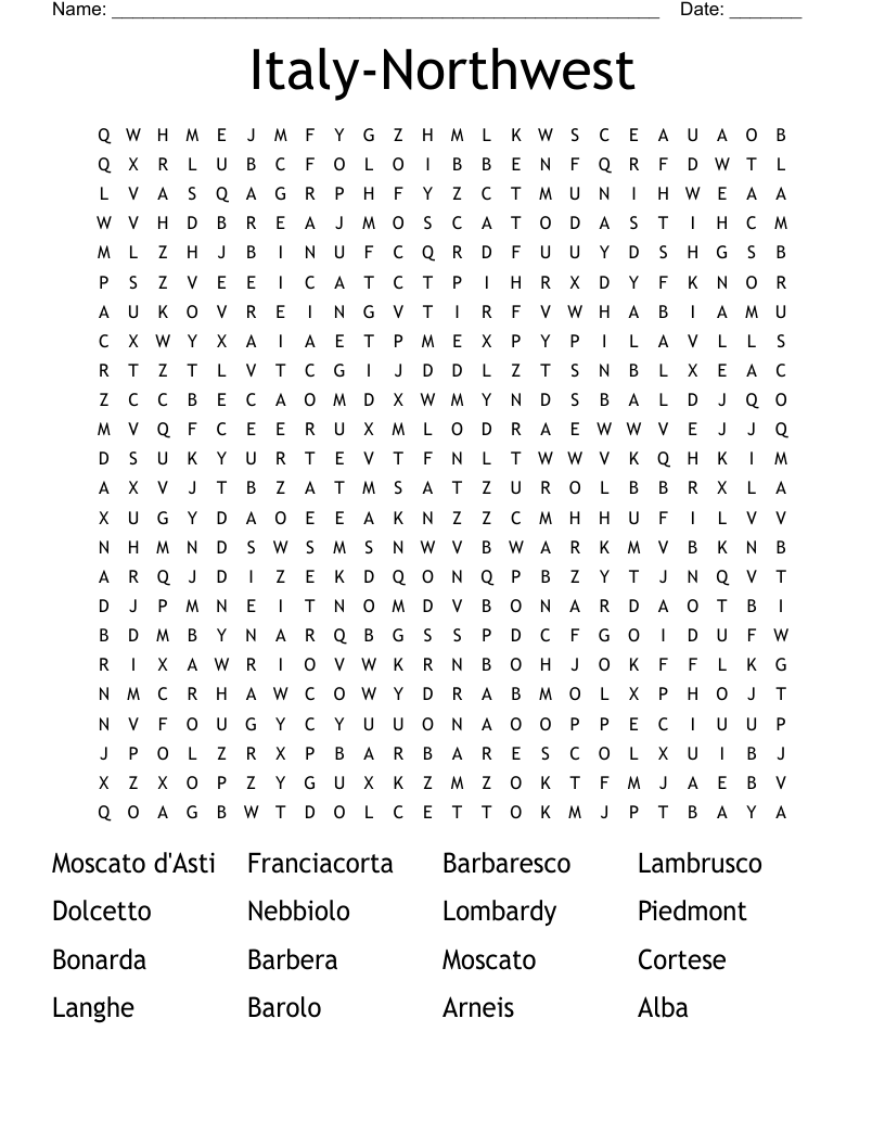 Italy-Northwest Word Search