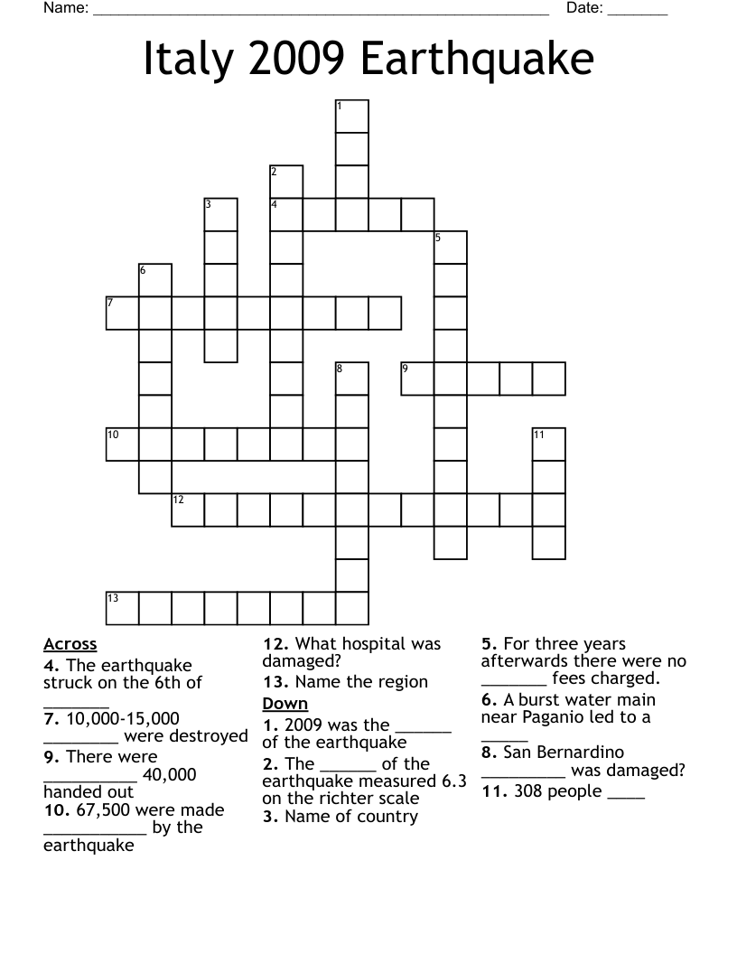 Italy 2009 Earthquake Crossword