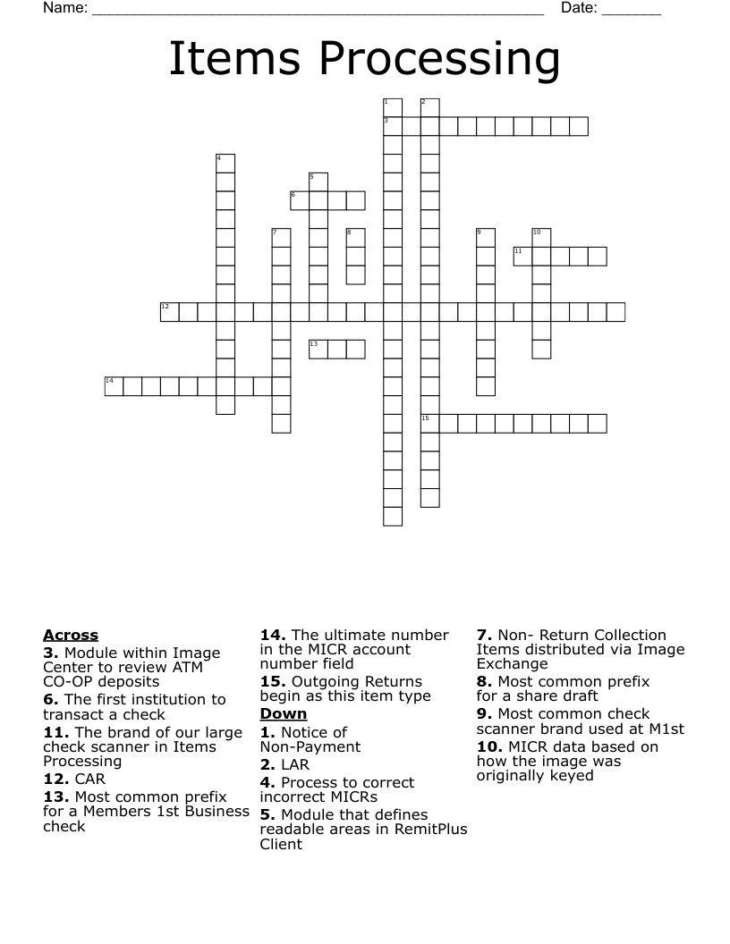 Items Processing Crossword
