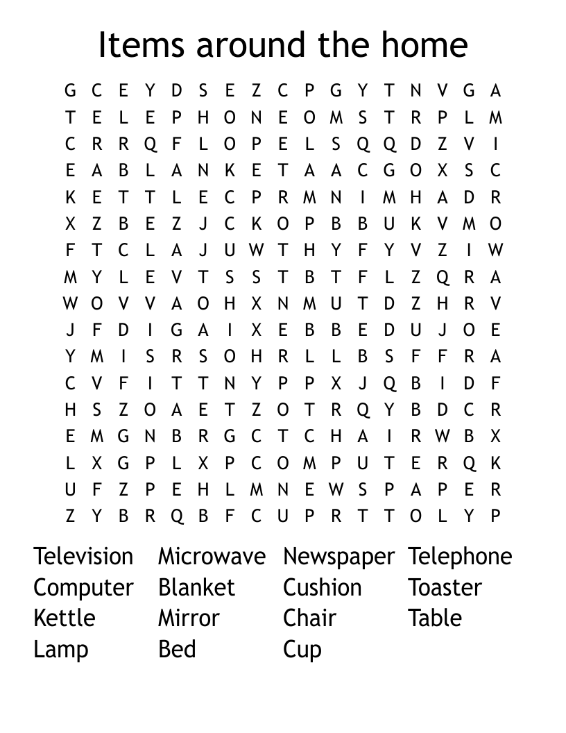 Items around the home Word Search