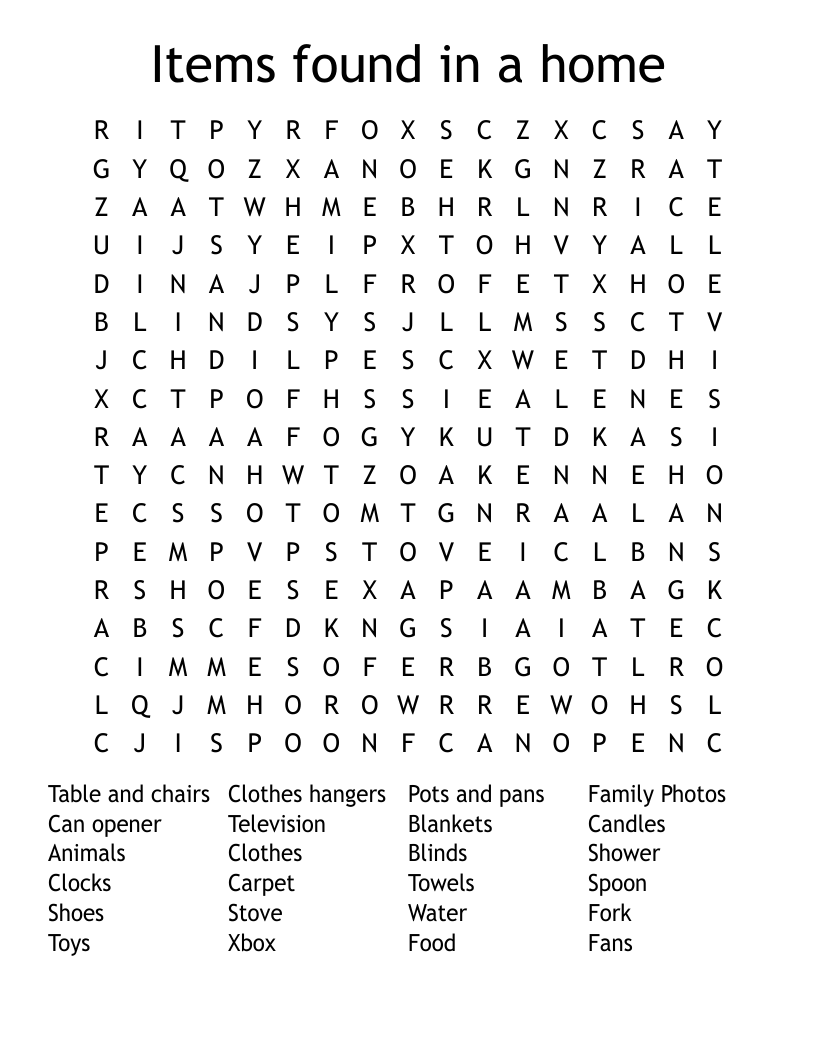 Items found in a home Word Search