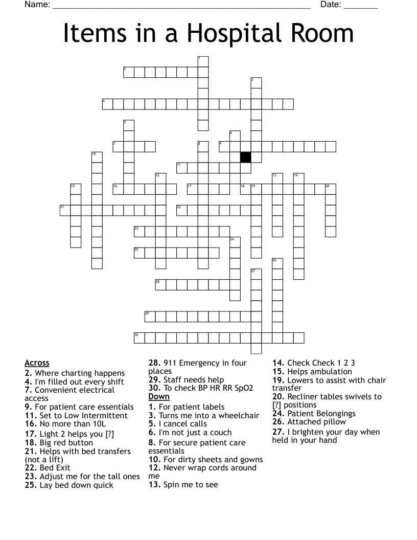 Items in a Hospital Room Crossword