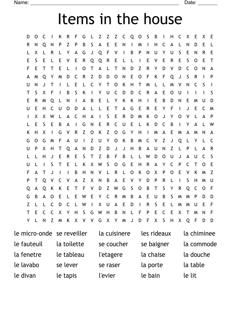 Items in the house Word Search