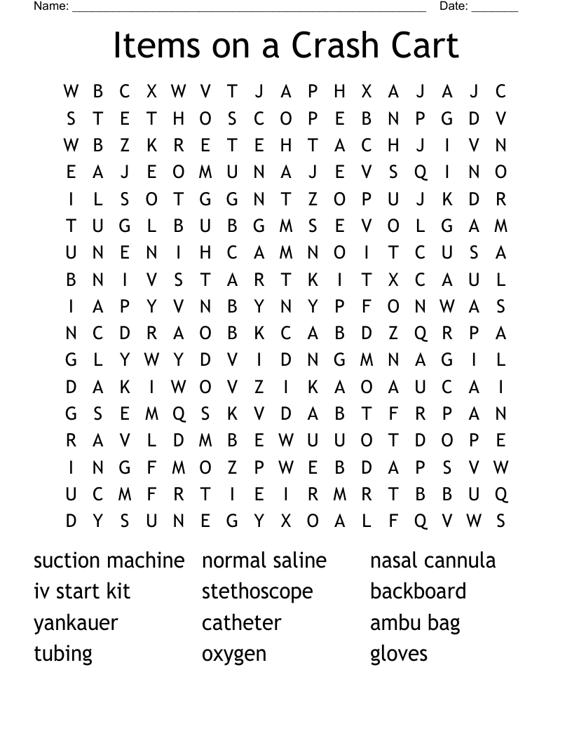 Items on a Crash Cart Word Search