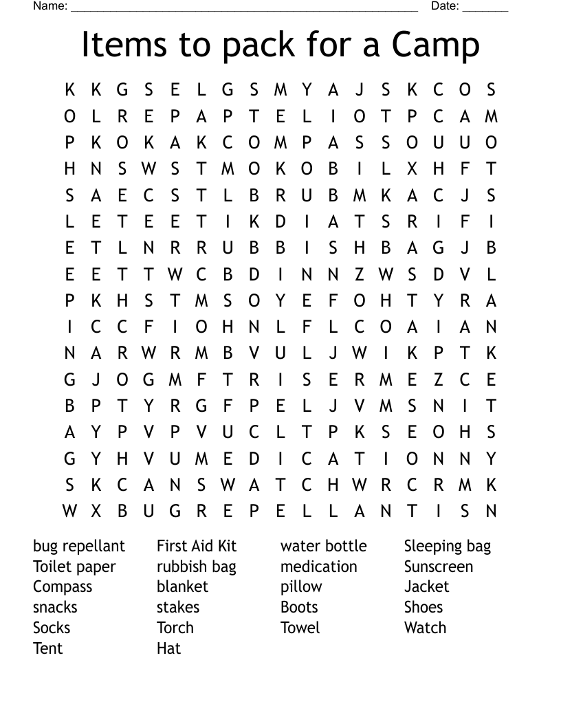 Items to pack for a Camp Word Search