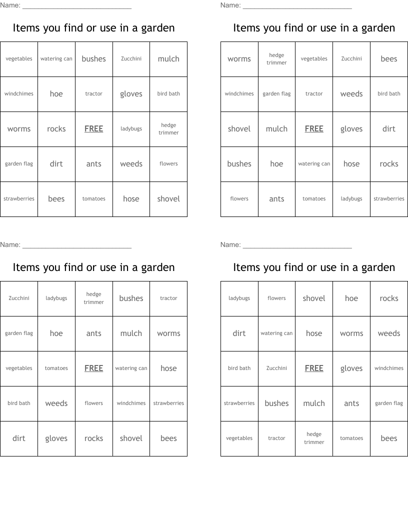 Items you find or use in a garden Bingo Cards