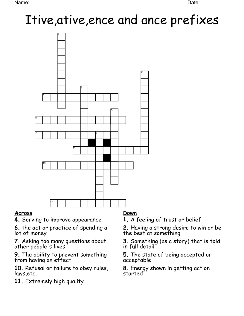 Itive,ative,ence and ance prefixes Crossword