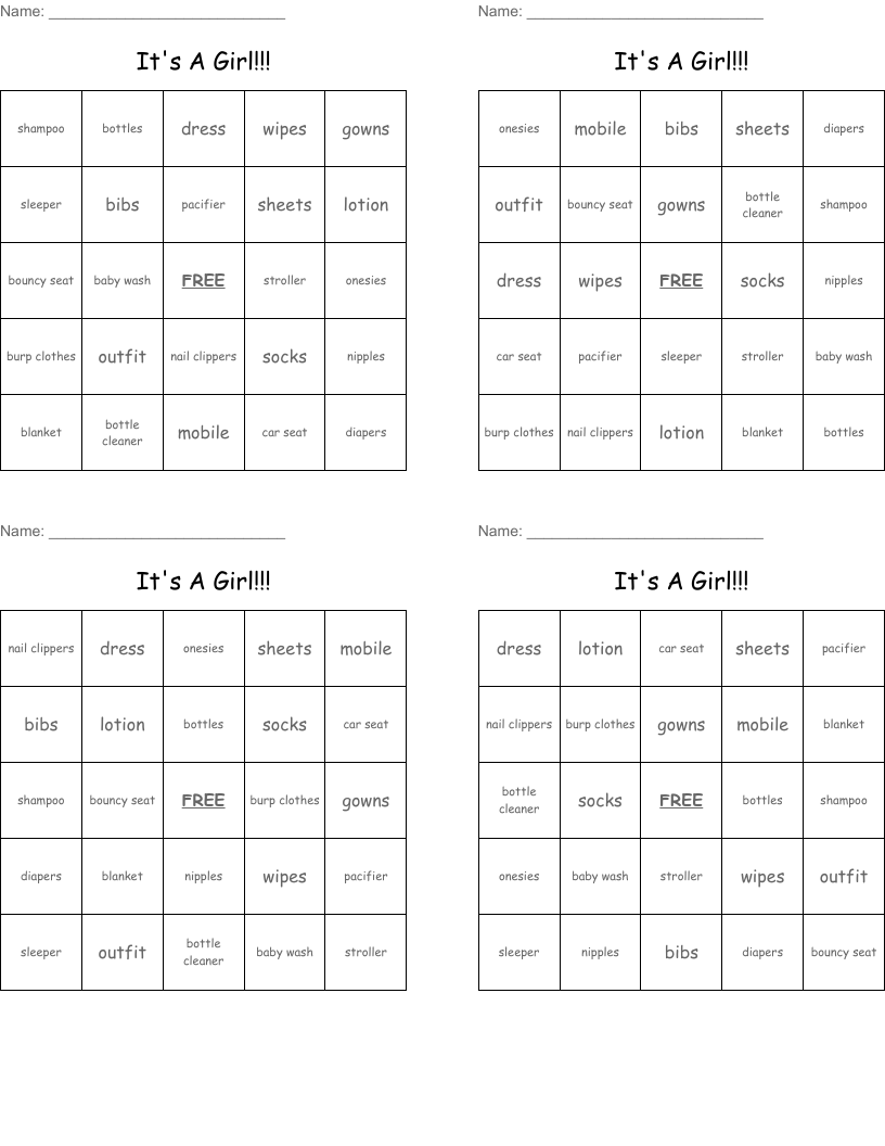 It's A Girl!!! Bingo Cards