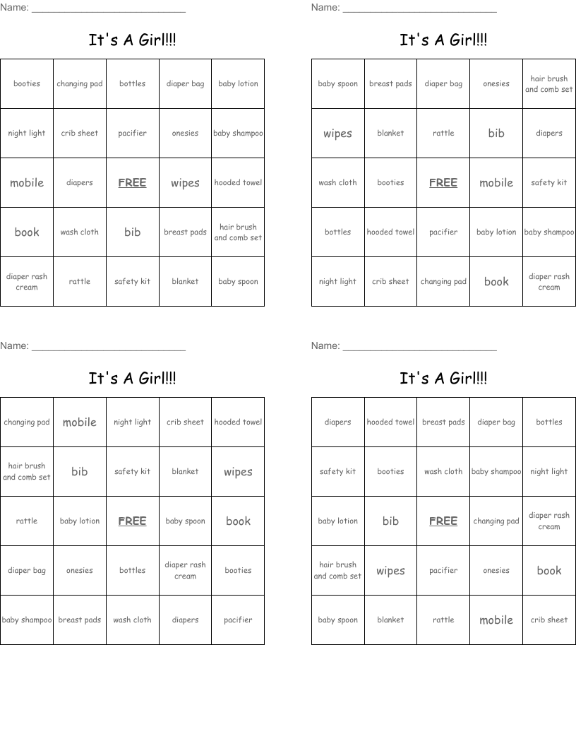 It's A Girl!!! Bingo Cards