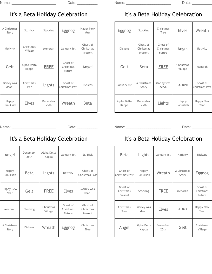 It's a Beta Holiday Celebration Bingo Cards