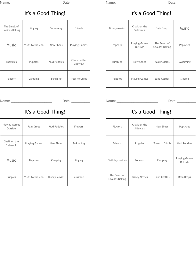 It's a Good Thing! Bingo Cards