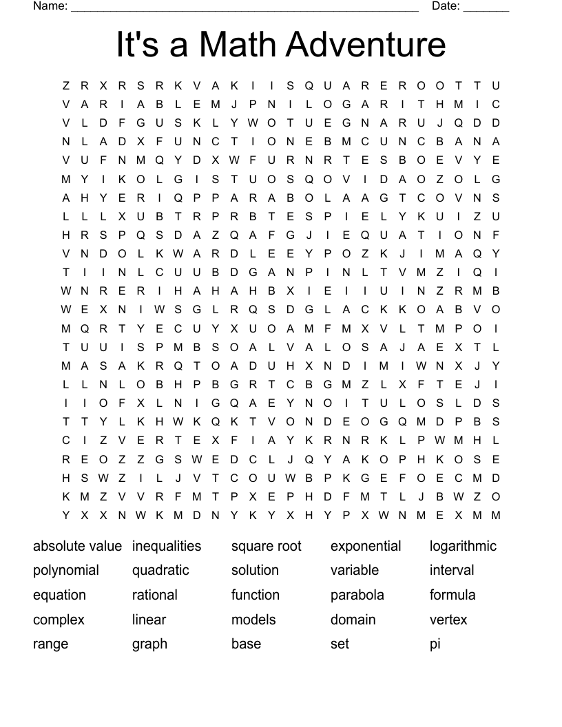 It's a Math Adventure Word Search