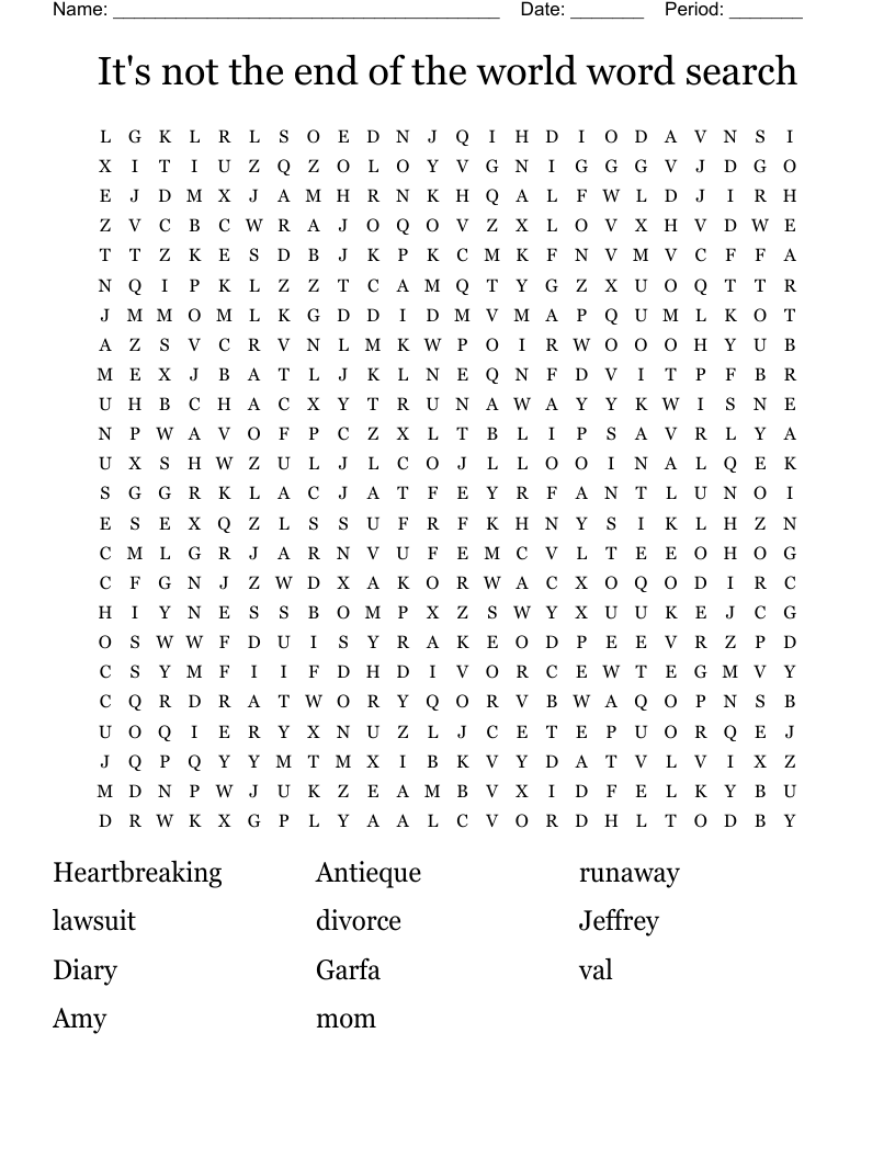 It's not the end of the world word search 