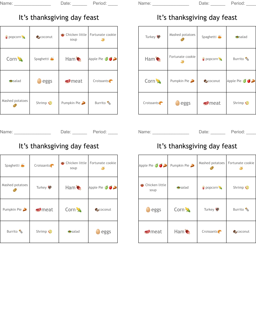 It’s thanksgiving day feast Bingo Cards