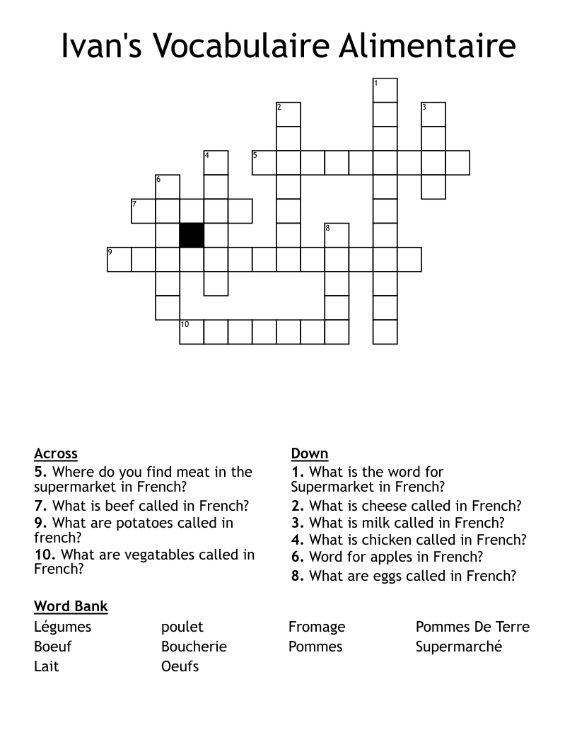 Ivan's Vocabulaire Alimentaire Crossword