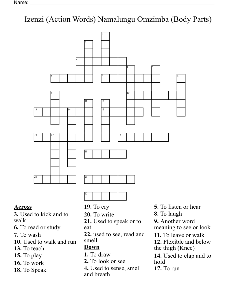 Izenzi (Action Words) Namalungu Omzimba (Body Parts) Crossword