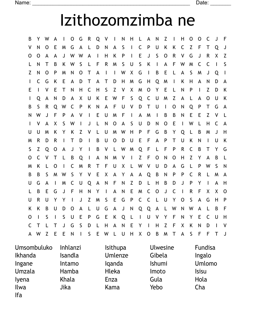 Izithozomzimba ne  Word Search