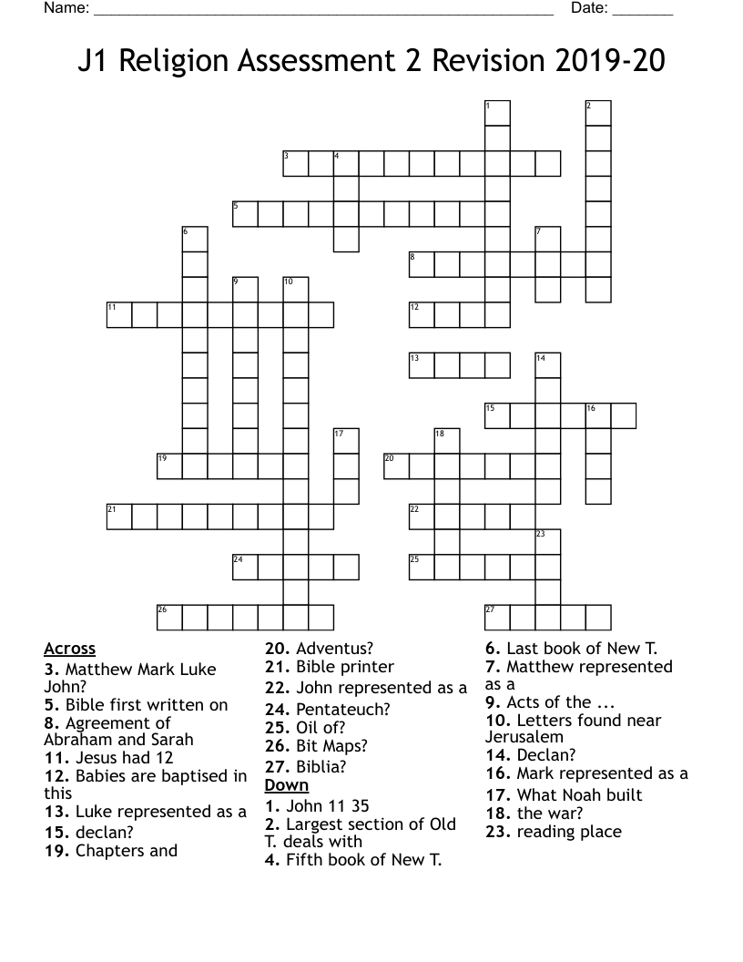 J1 Religion Assessment 2 Revision 2019-20 Crossword