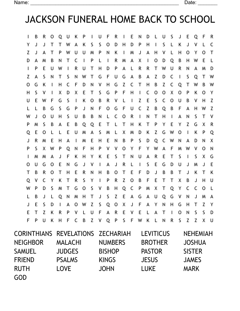 JACKSON FUNERAL HOME BACK TO SCHOOL Word Search