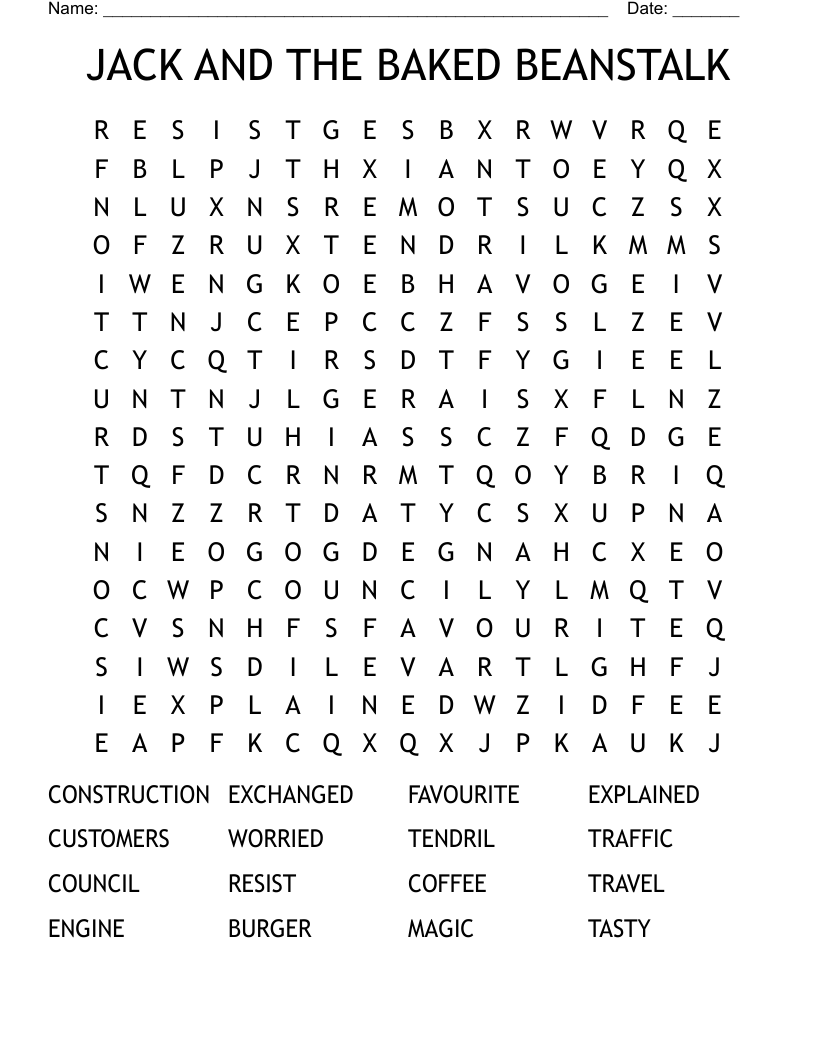 JACK AND THE BAKED BEANSTALK Word Search