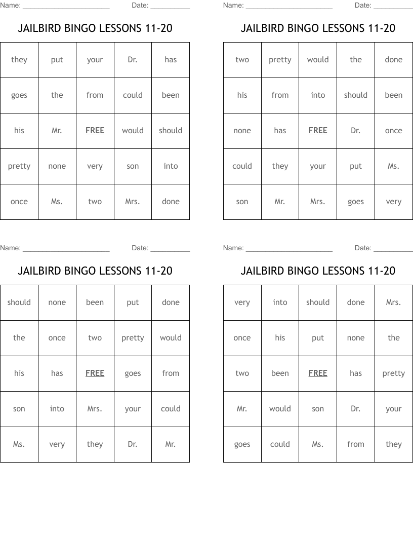 JAILBIRD BINGO LESSONS 11-20