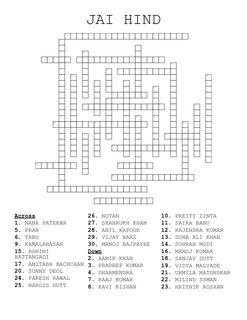 JAI HIND Crossword