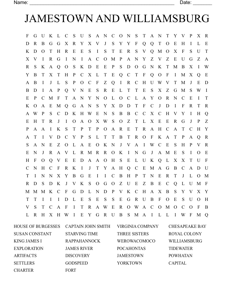 JAMESTOWN AND WILLIAMSBURG Word Search
