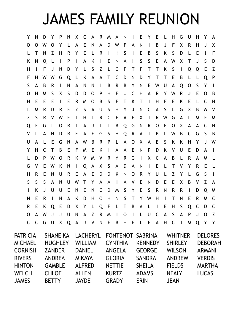JAMES FAMILY REUNION Word Search