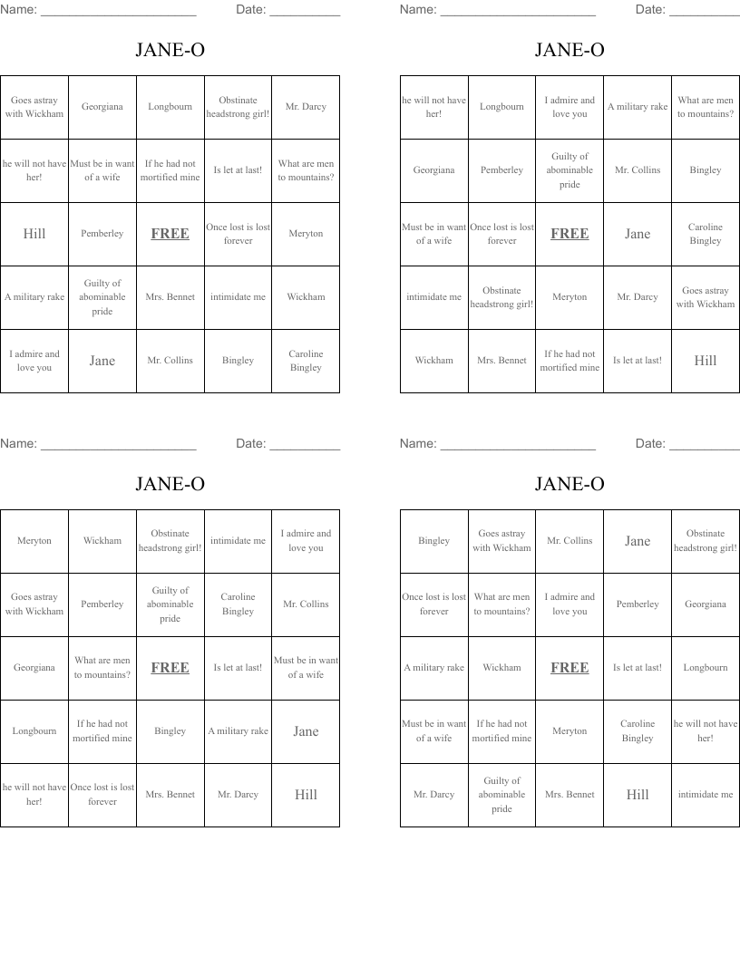 JANE-O Bingo Cards