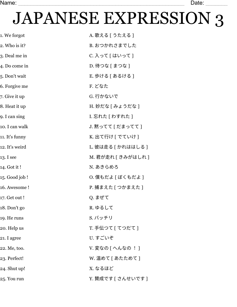 JAPANESE EXPRESSION 3 Worksheet