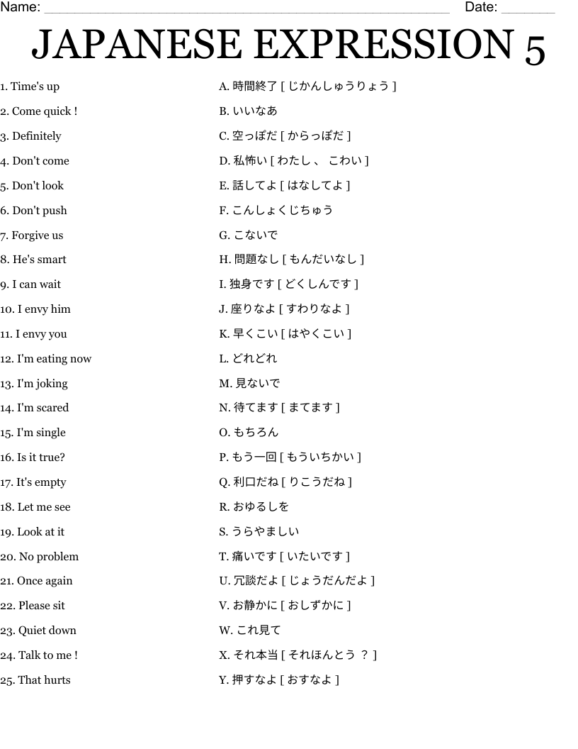 JAPANESE EXPRESSION 5 Worksheet